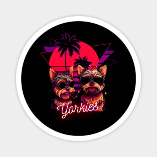 Yorkie's With Sunglasses and Retro Palm Tree Sunset Magnet